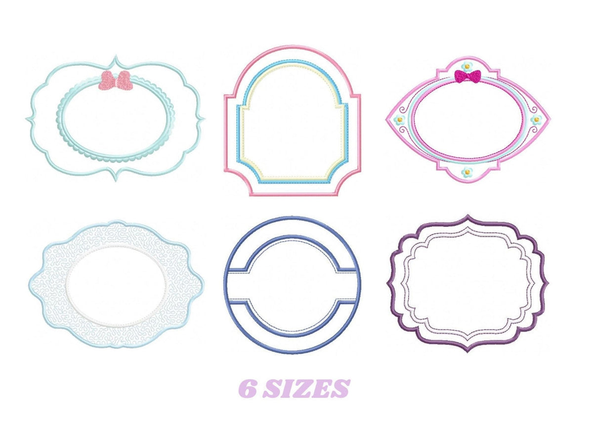 Layered scalloped and arch frames in soft pastels, applique and satin stitch options, baby girl monogram frame embroidery set