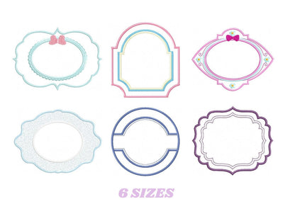 Layered scalloped and arch frames in soft pastels, applique and satin stitch options, baby girl monogram frame embroidery set