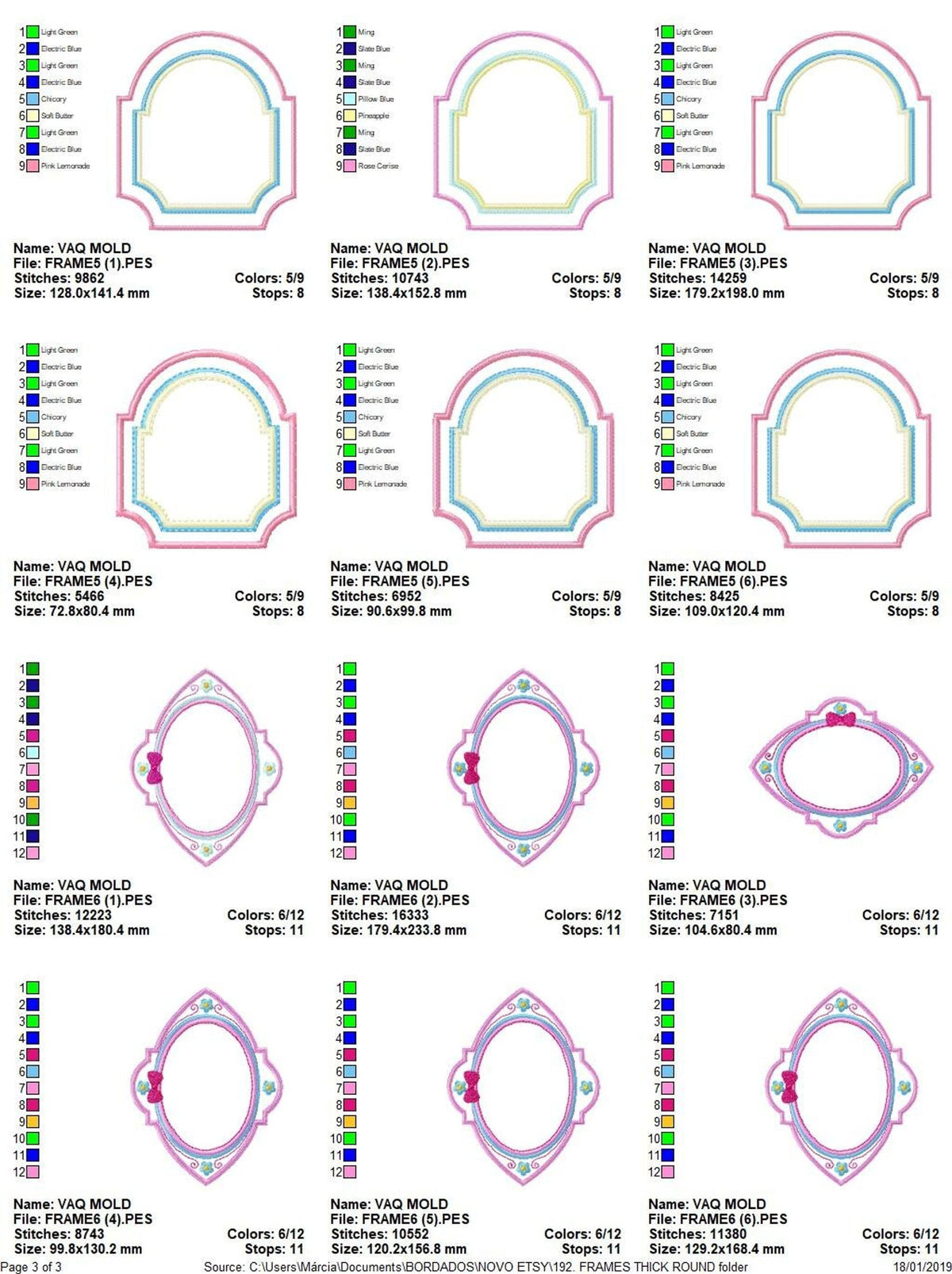 Multiple hoop size charts and thread keys for label frame embroidery design files, small thumbnails show each frame style