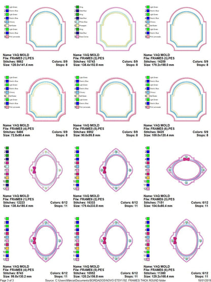 Multiple hoop size charts and thread keys for label frame embroidery design files, small thumbnails show each frame style