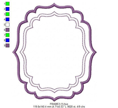Full purple layered scalloped label frame, close crop reveals dense satin and bean stitch textures, ready for monogramming