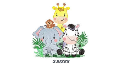 Small layout showing safari animals embroidery design, baby elephant, giraffe, zebra and monkey, labeled 3 sizes