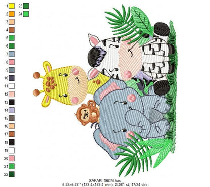 Sideways hoop layout showing rotated baby safari embroidery design, color key stripes and green jungle leaf details