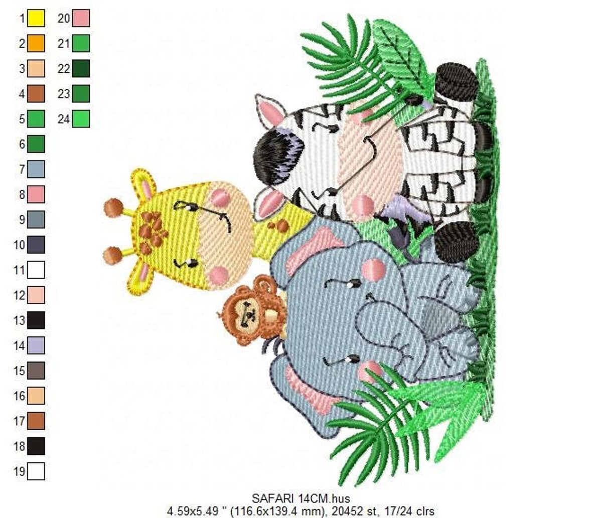 Large angled layout of baby nursery embroidery design, safari animals embroidery design with soft pastel rippled fills