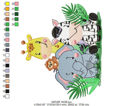 Large angled layout of baby nursery embroidery design, safari animals embroidery design with soft pastel rippled fills