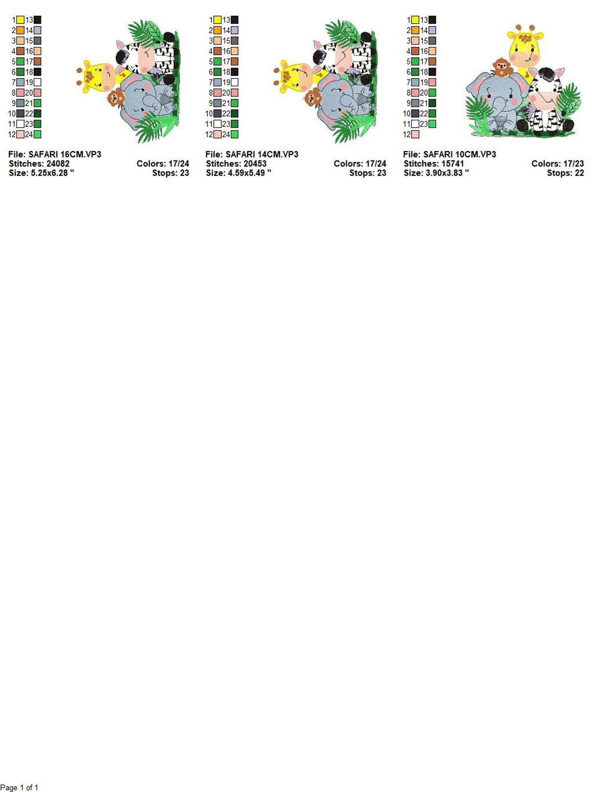 Three thumbnail previews showing size variations, safari animals embroidery design, sizing and placement guide