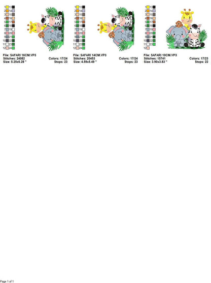 Three thumbnail previews showing size variations, safari animals embroidery design, sizing and placement guide
