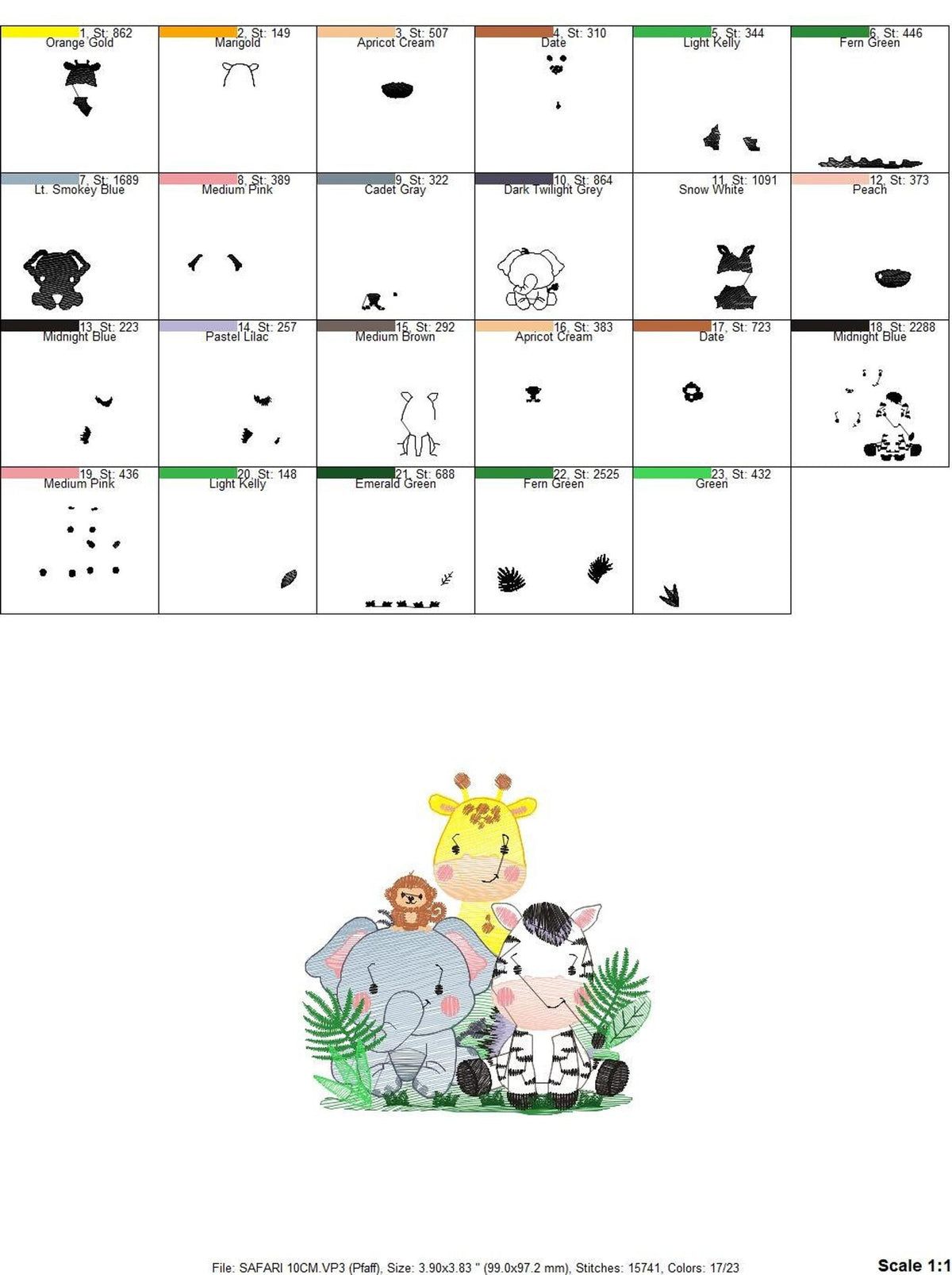 Grid of embroidery sequence diagrams and file icons, included formats and steps for safari animals embroidery design