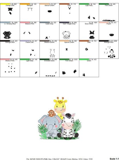 Grid of embroidery sequence diagrams and file icons, included formats and steps for safari animals embroidery design