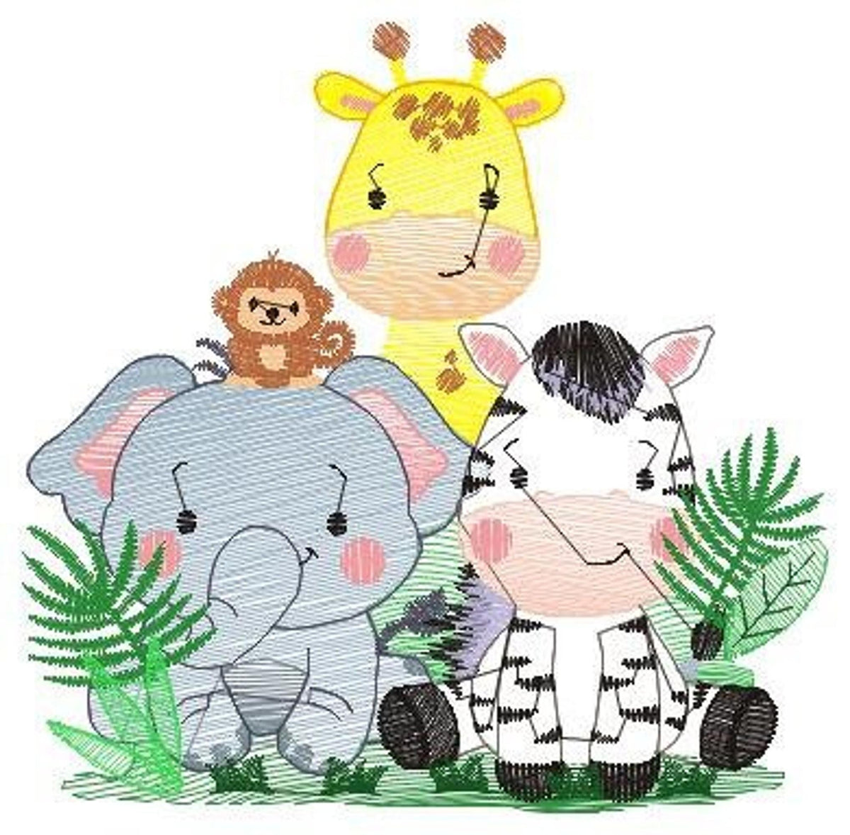 Tight close-up of elephant, giraffe and zebra trio, safari animals embroidery design, pastel rippled fills for baby items