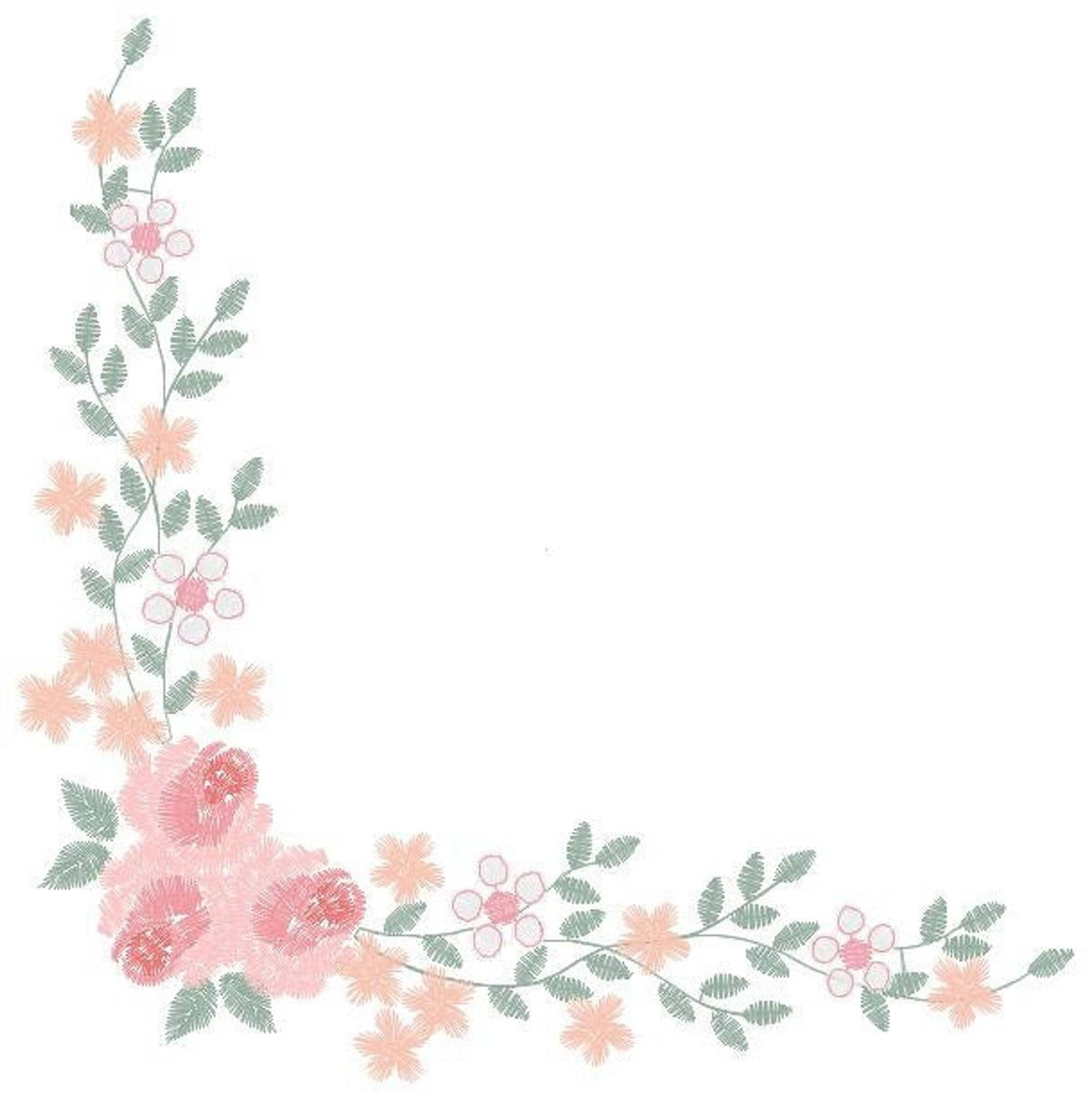 Close-up L corner, cluster of soft pink roses and peach blooms, trailing green foliage, rose corner embroidery design