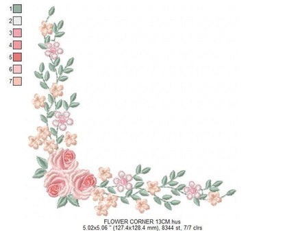 L corner with color key swatches at top, tiny buds and leaves, flower corner machine embroidery pattern details