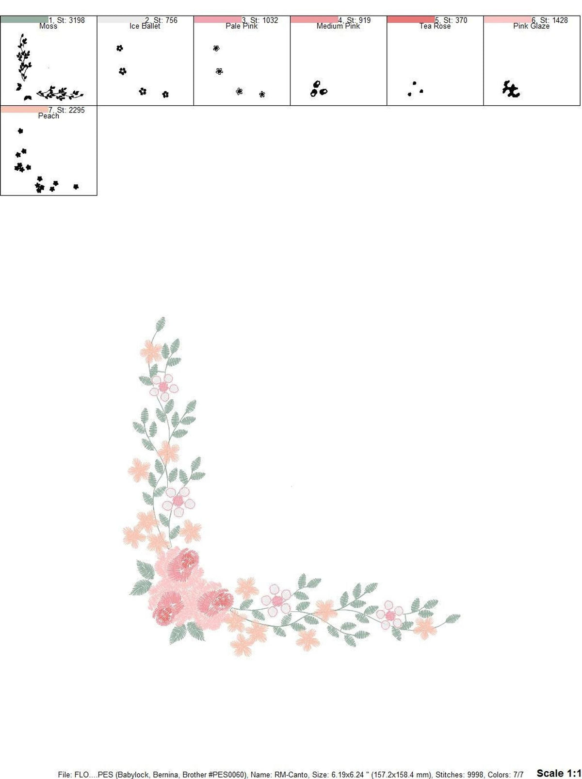 Hoop size chart and stitch sequence boxes beneath a small rose corner, rose border machine embroidery pattern info