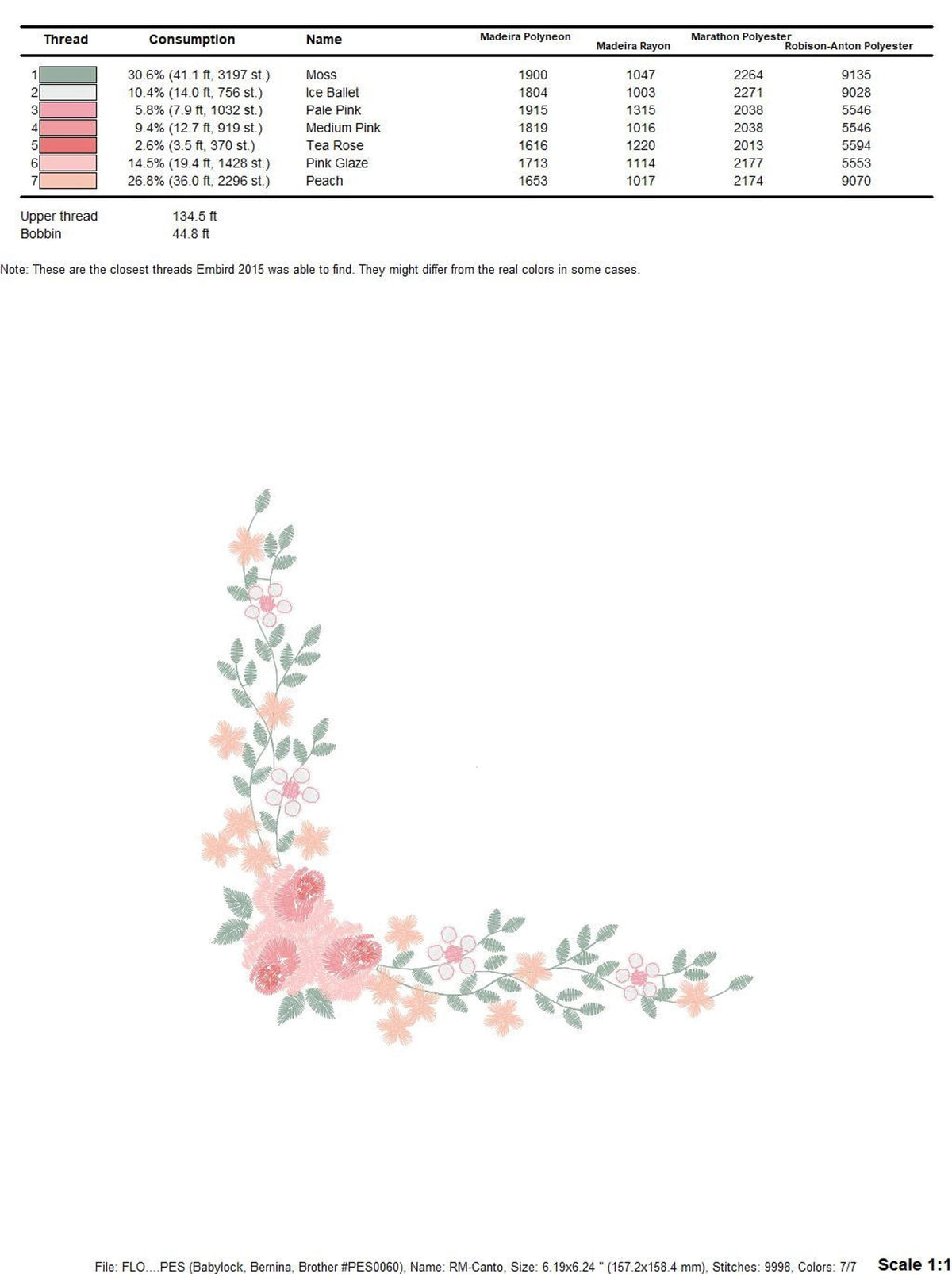 Size and stitch table with measurements and two size options, shabby chic floral embroidery design technical data