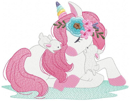 Close-up unicorn baby embroidery design head, curled pink mane and floral crown, tiny sleeping face for baby clothes