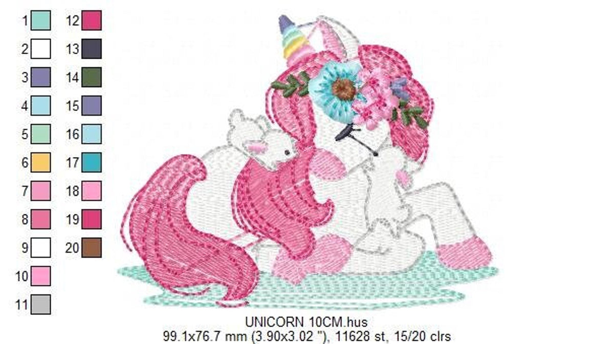 Small hoop preview of unicorn baby embroidery design, delicate pink mane, mint ground and cute unicorn embroidery pattern details