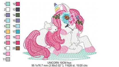 Small hoop preview of unicorn baby embroidery design, delicate pink mane, mint ground and cute unicorn embroidery pattern details