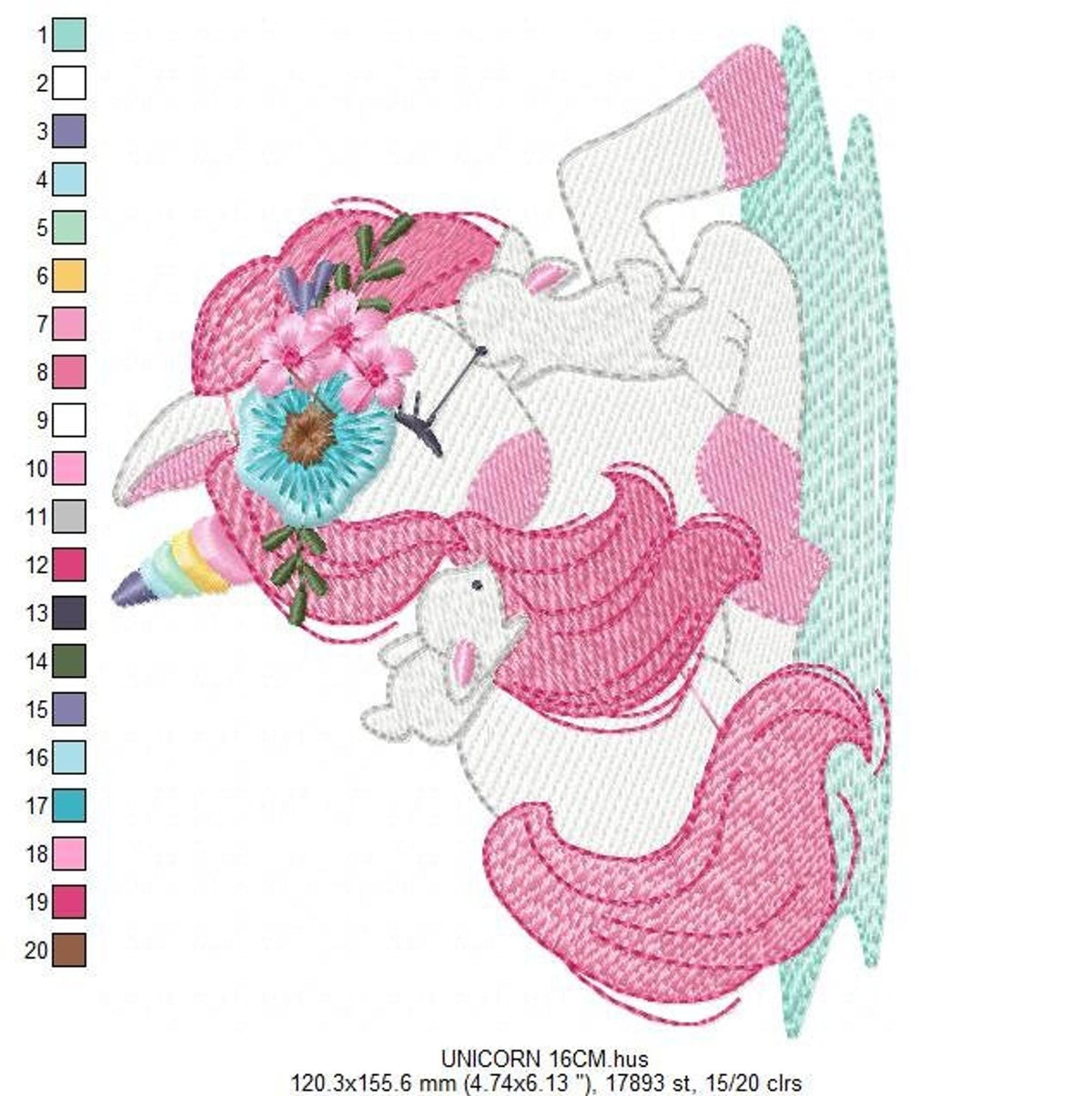 Tall orientation unicorn baby embroidery design showing stitch placement and hoop guide, baby girl unicorn embroidery ready