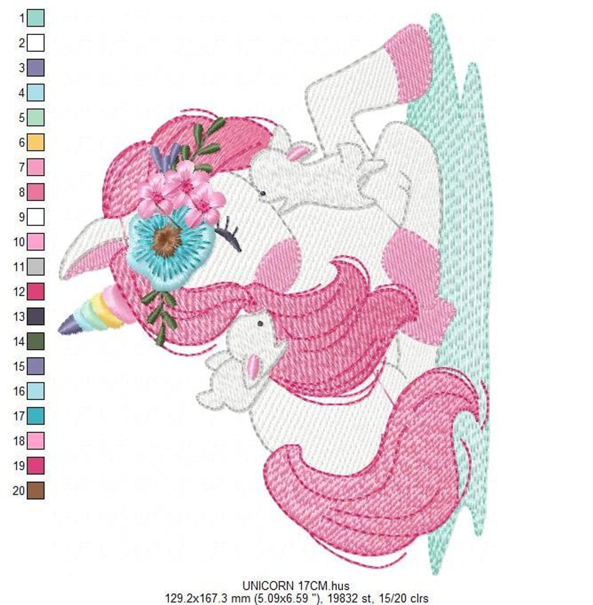 Rotated layout unicorn machine embroidery design emphasizing blue-pink floral crown, pastel horn, unicorn with flowers embroidery detail