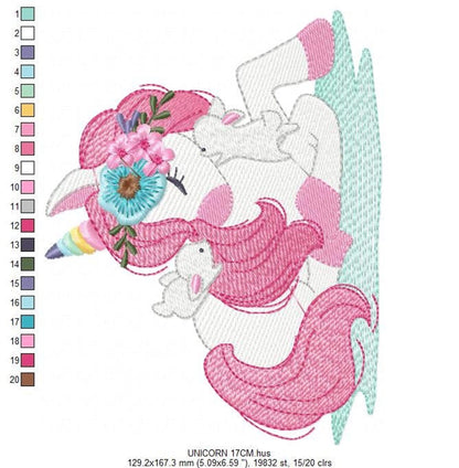 Rotated layout unicorn machine embroidery design emphasizing blue-pink floral crown, pastel horn, unicorn with flowers embroidery detail