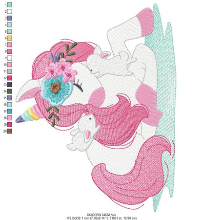 Detailed stitch view of unicorn baby embroidery design, close floral crown and textured pink mane, perfect unicorn nursery embroidery design