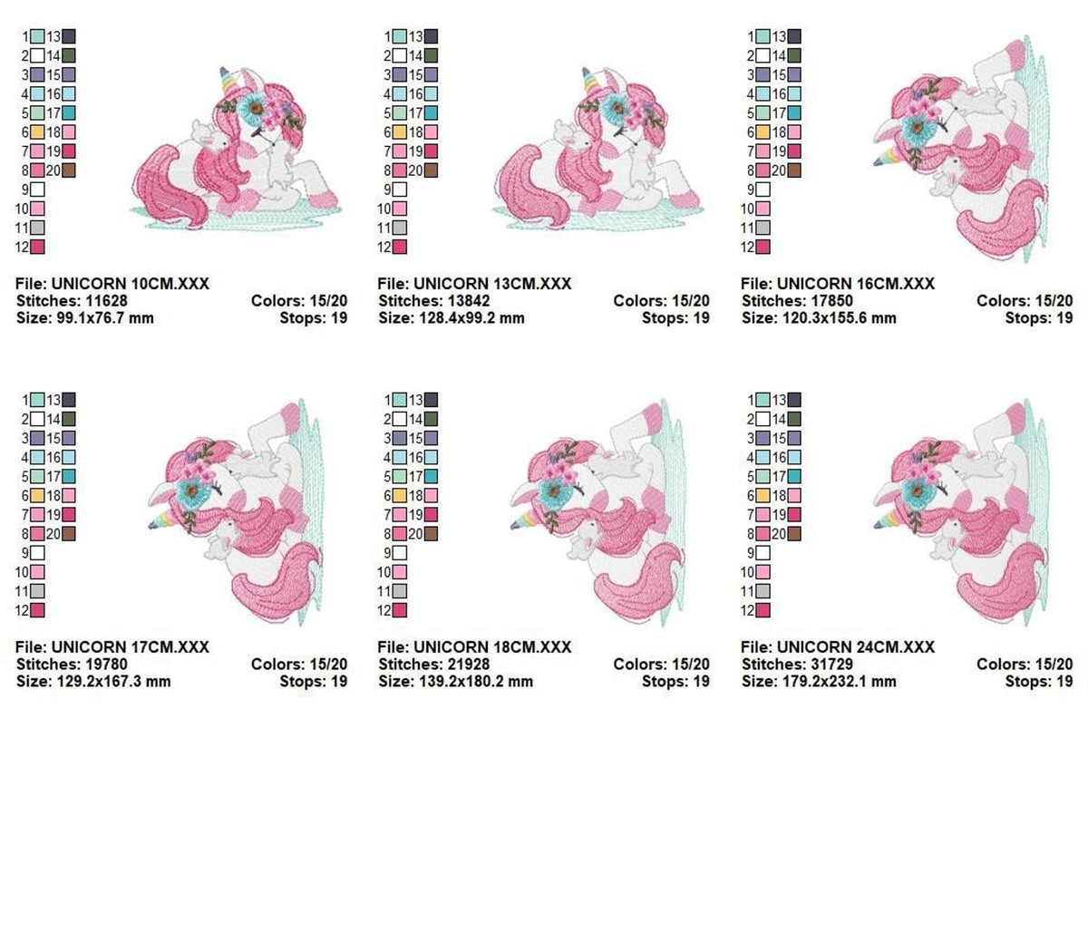 Thumbnail sheet showing all hoop sizes and file info, unicorn baby embroidery design set displayed as digital download embroidery file options