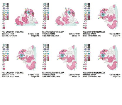 Thumbnail sheet showing all hoop sizes and file info, unicorn baby embroidery design set displayed as digital download embroidery file options