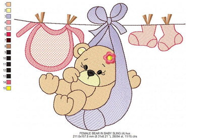 Baby Bear Clothesline Embroidery Design – Gender Reveal Machine Pattern (Digital Download)