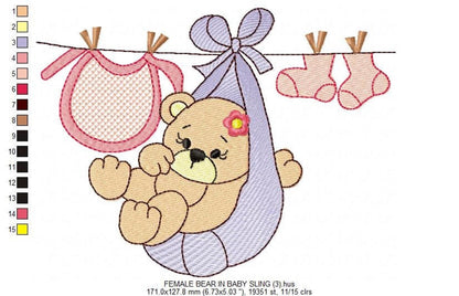 Baby Bear Clothesline Embroidery Design – Gender Reveal Machine Pattern (Digital Download)