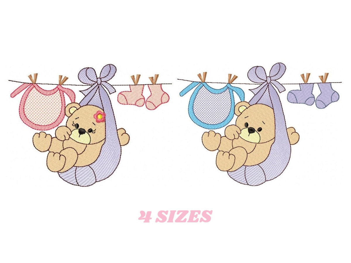 Baby Bear Clothesline Embroidery Design – Gender Reveal Machine Pattern (Digital Download)