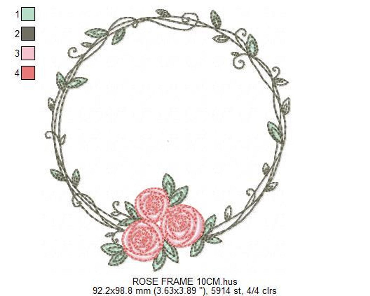 Wreath with stitch color key and size note, thin laurel vines plus pink rose cluster, floral monogram frame embroidery design