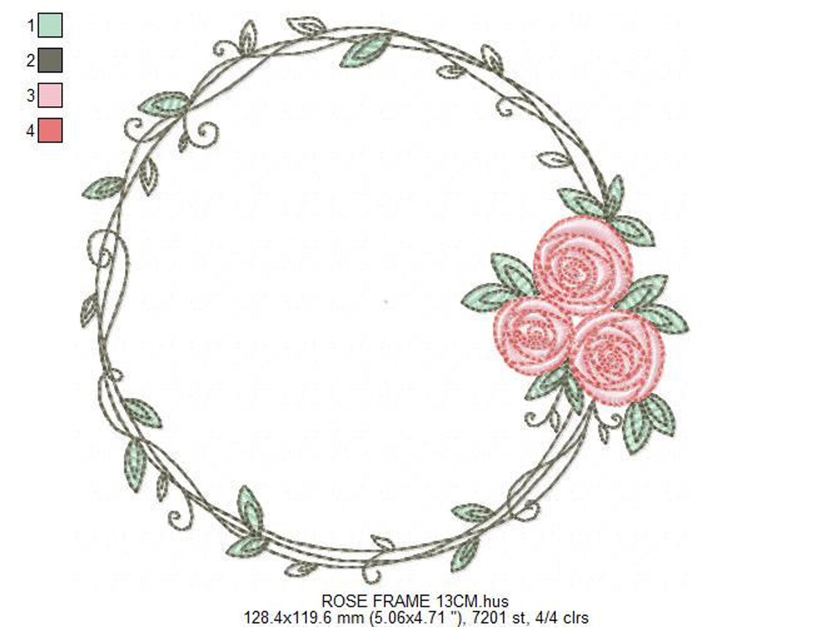 Laurel ring with pink roses placed at right, twisting vine detail and tiny green leaves, laurel wreath embroidery design