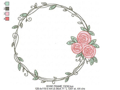 Laurel ring with pink roses placed at right, twisting vine detail and tiny green leaves, laurel wreath embroidery design