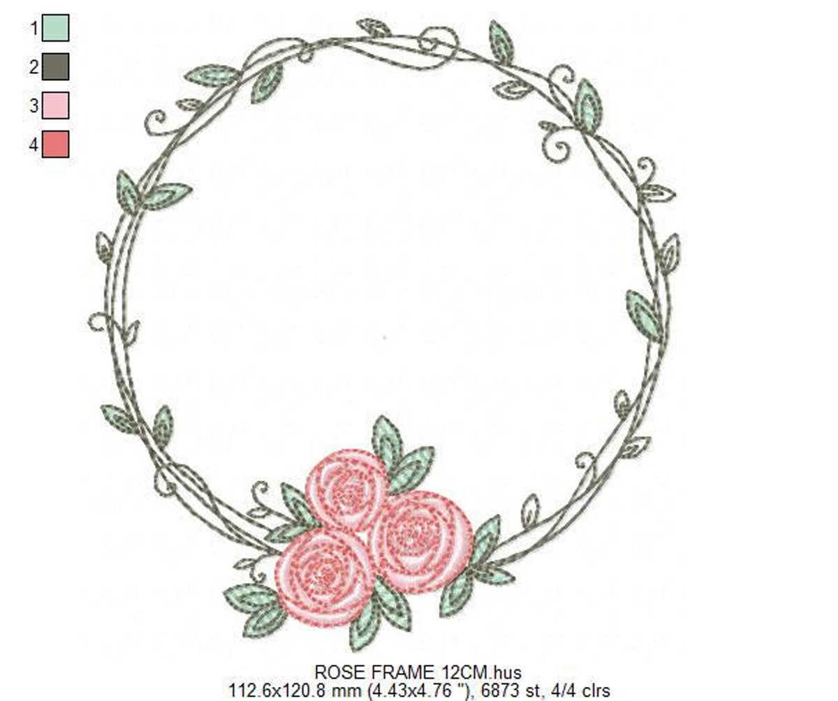 Medium-sized circular laurel frame, centered rose trio at bottom, styled for baby girl monogram embroidery design projects