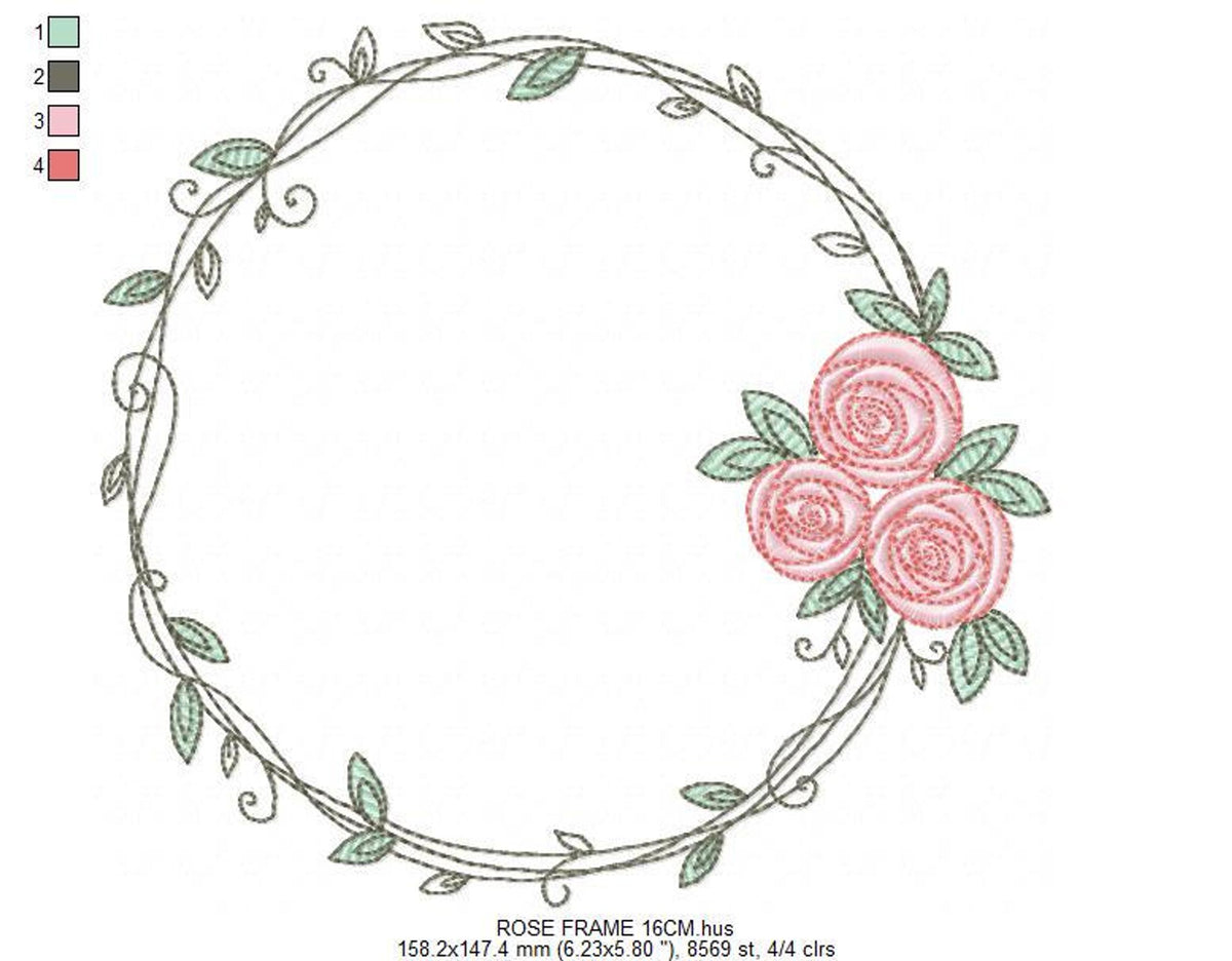 Delicate laurel circle with roses on the right, airy leaves and stems, newborn name frame embroidery pattern suggestion