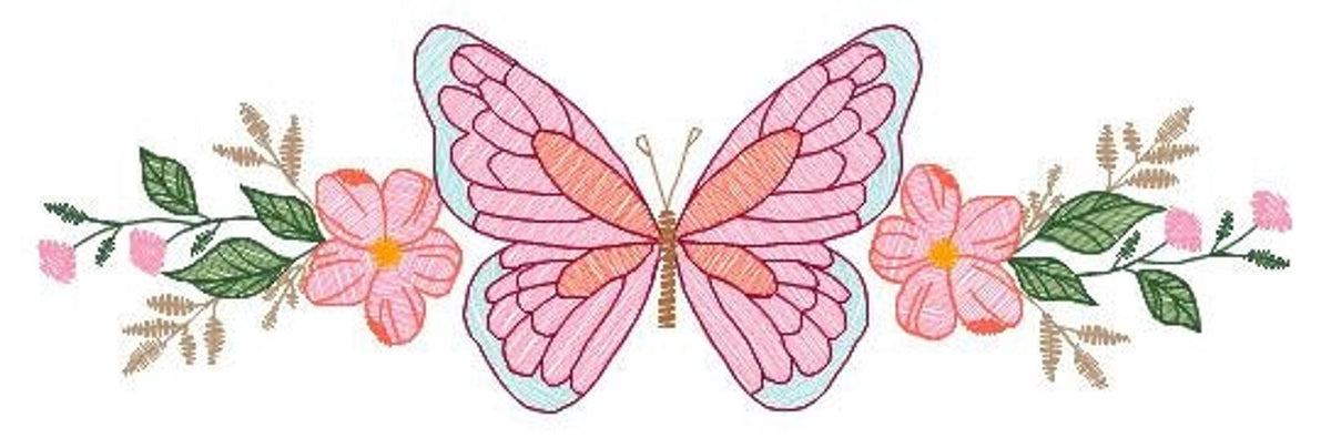 Close crop of rippled stitch pink butterfly and pastel floral sprigs, butterfly machine embroidery design for linens