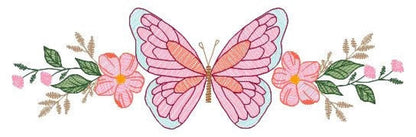 Close crop of rippled stitch pink butterfly and pastel floral sprigs, butterfly machine embroidery design for linens