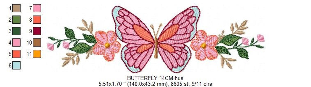 Horizontal butterfly floral border with thread color blocks and size labels, butterfly floral border embroidery details
