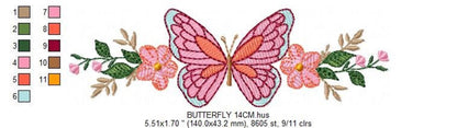 Horizontal butterfly floral border with thread color blocks and size labels, butterfly floral border embroidery details