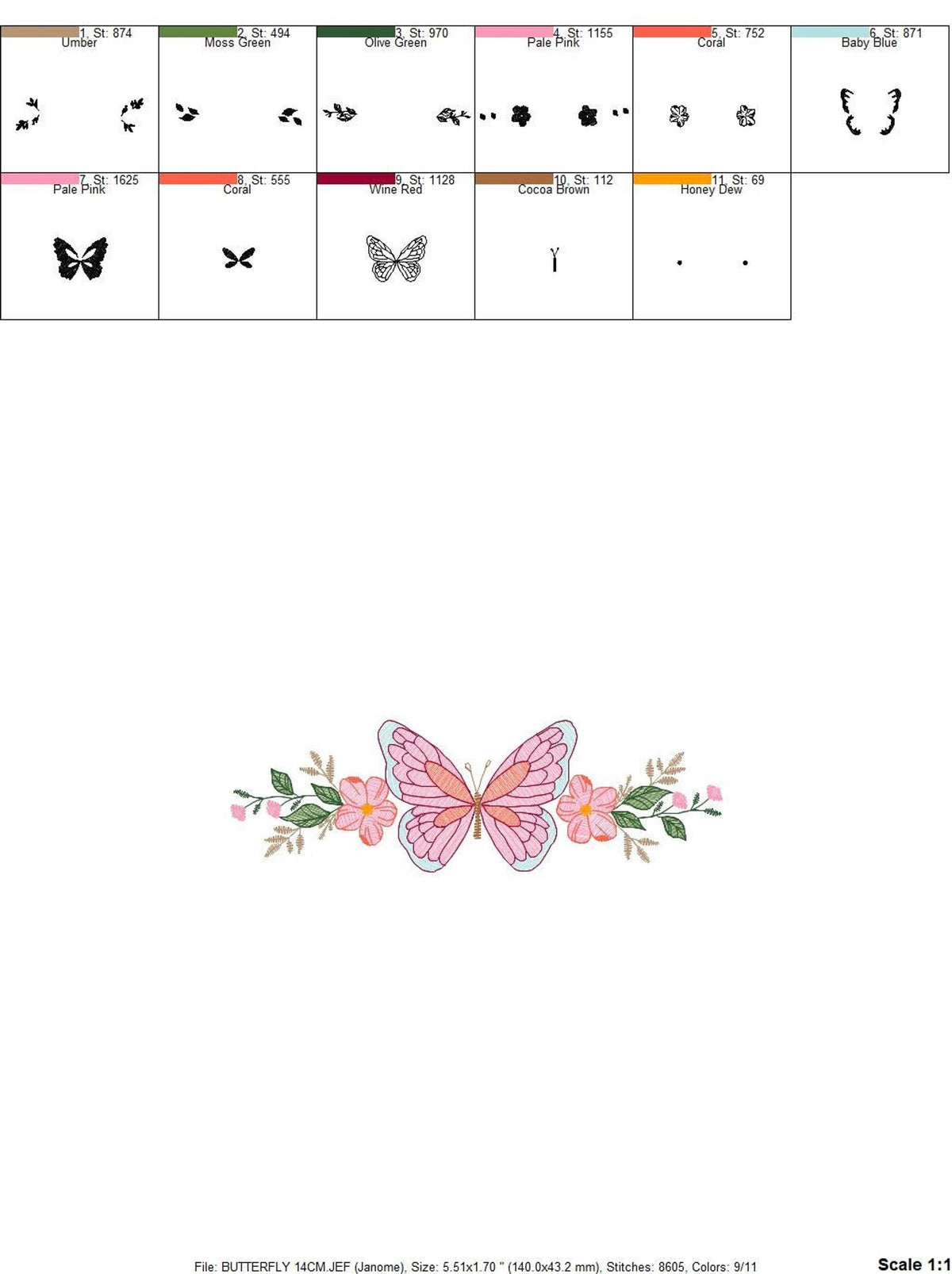 Thread palette swatches and format icons beside a tiny butterfly motif, rippled stitch butterfly embroidery file formats listed