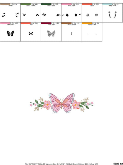 Thread palette swatches and format icons beside a tiny butterfly motif, rippled stitch butterfly embroidery file formats listed