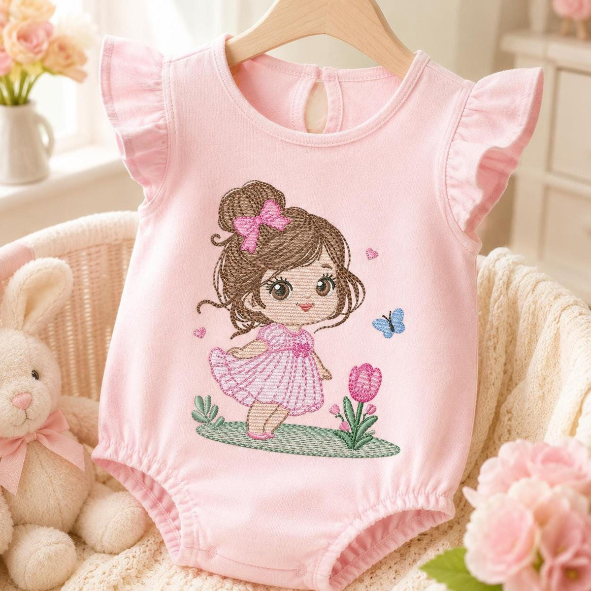Pink baby onesie showcasing princess girl embroidery design, cute girl applique with tulips and a blue butterfly