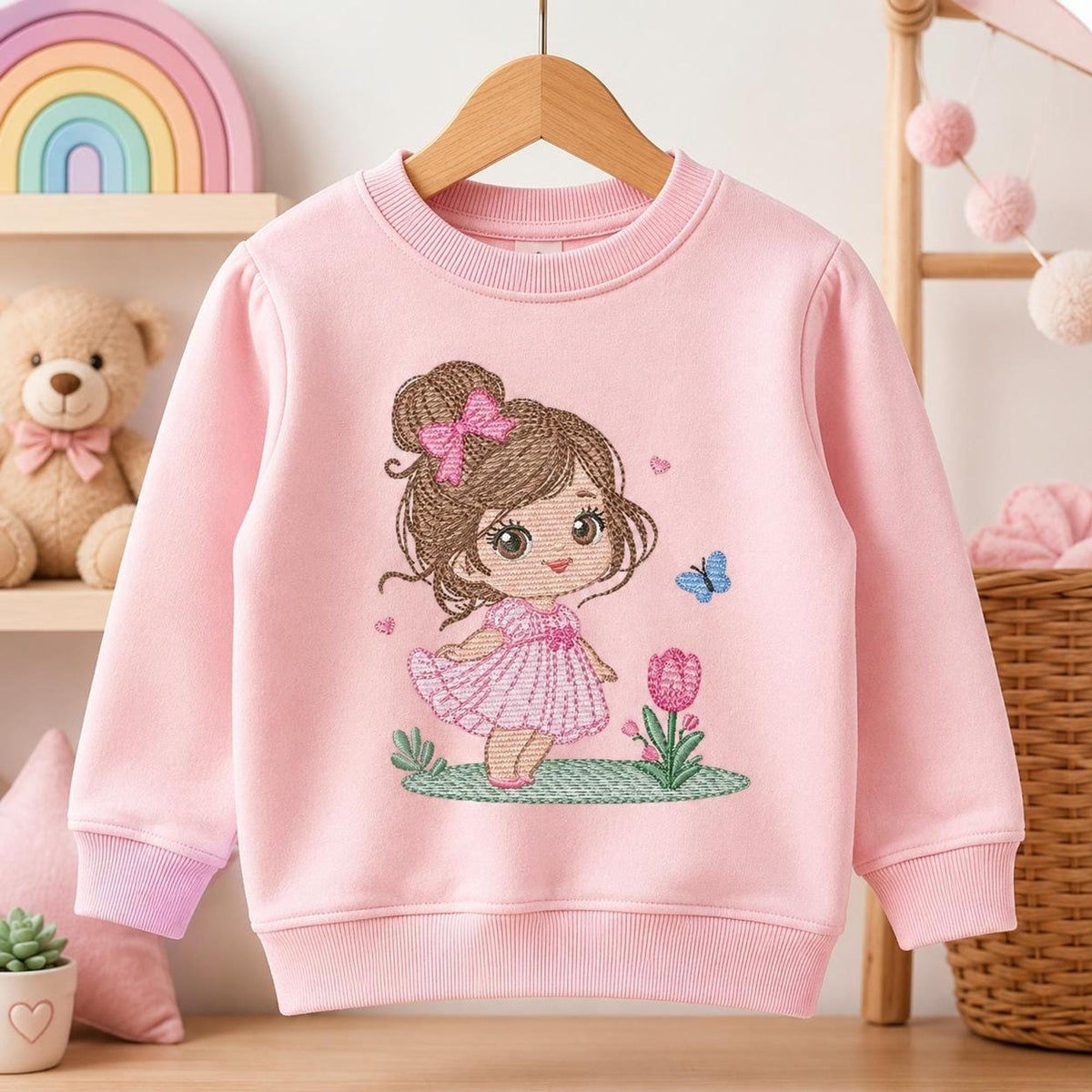 Pink toddler sweatshirt with princess girl embroidery design, embroidered girl with flowers, soft pastel kidswear