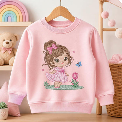 Pink toddler sweatshirt with princess girl embroidery design, embroidered girl with flowers, soft pastel kidswear