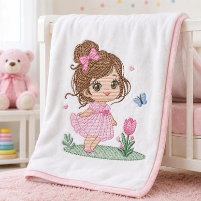 White nursery blanket draped over crib, princess girl embroidery design with tulip and blue butterfly, baby girl embroidery design