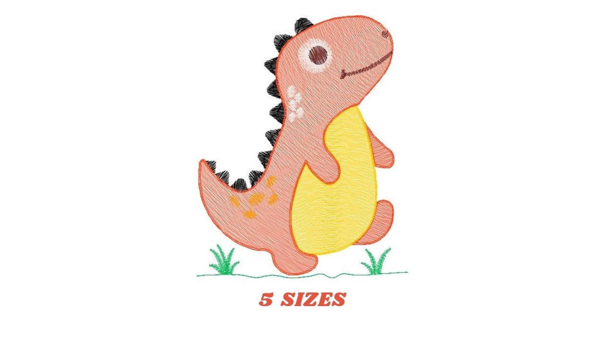 Small full preview of t rex dinosaur embroidery design standing on grass, labeled 5 sizes