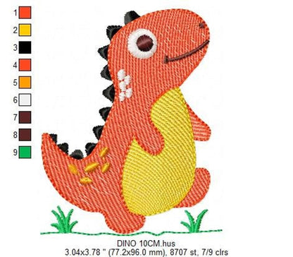 Medium-large t rex dinosaur embroidery design with color swatches and stitch information displayed to the left