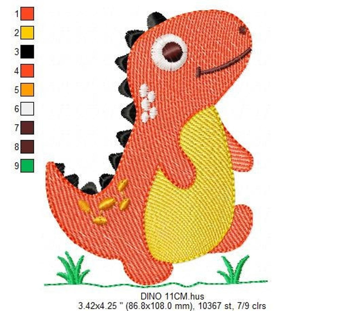 Extra large t rex applique embroidery pattern preview, showing stitch texture, color blocks and grass base