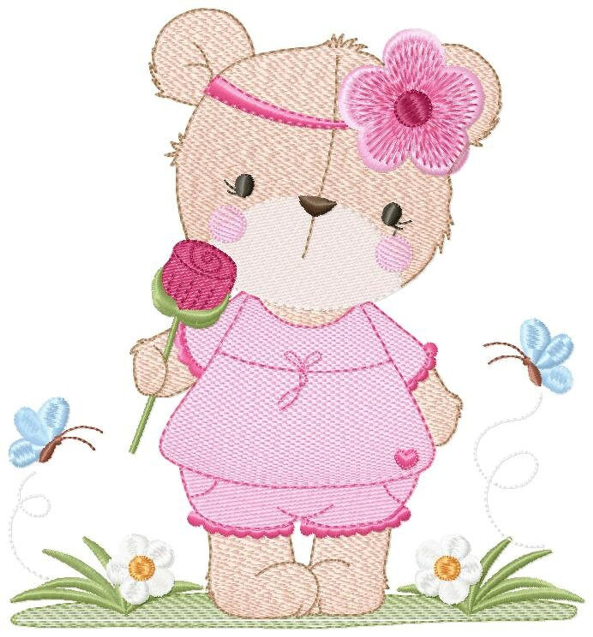 Close-up teddy bear embroidery design showing rippled filled stitches, pink dress and floral headband details