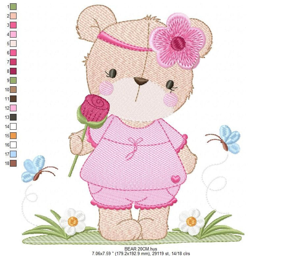 Close-up girl teddy bear embroidery design, visible satin and ripple stitches, pink dress and floral headband